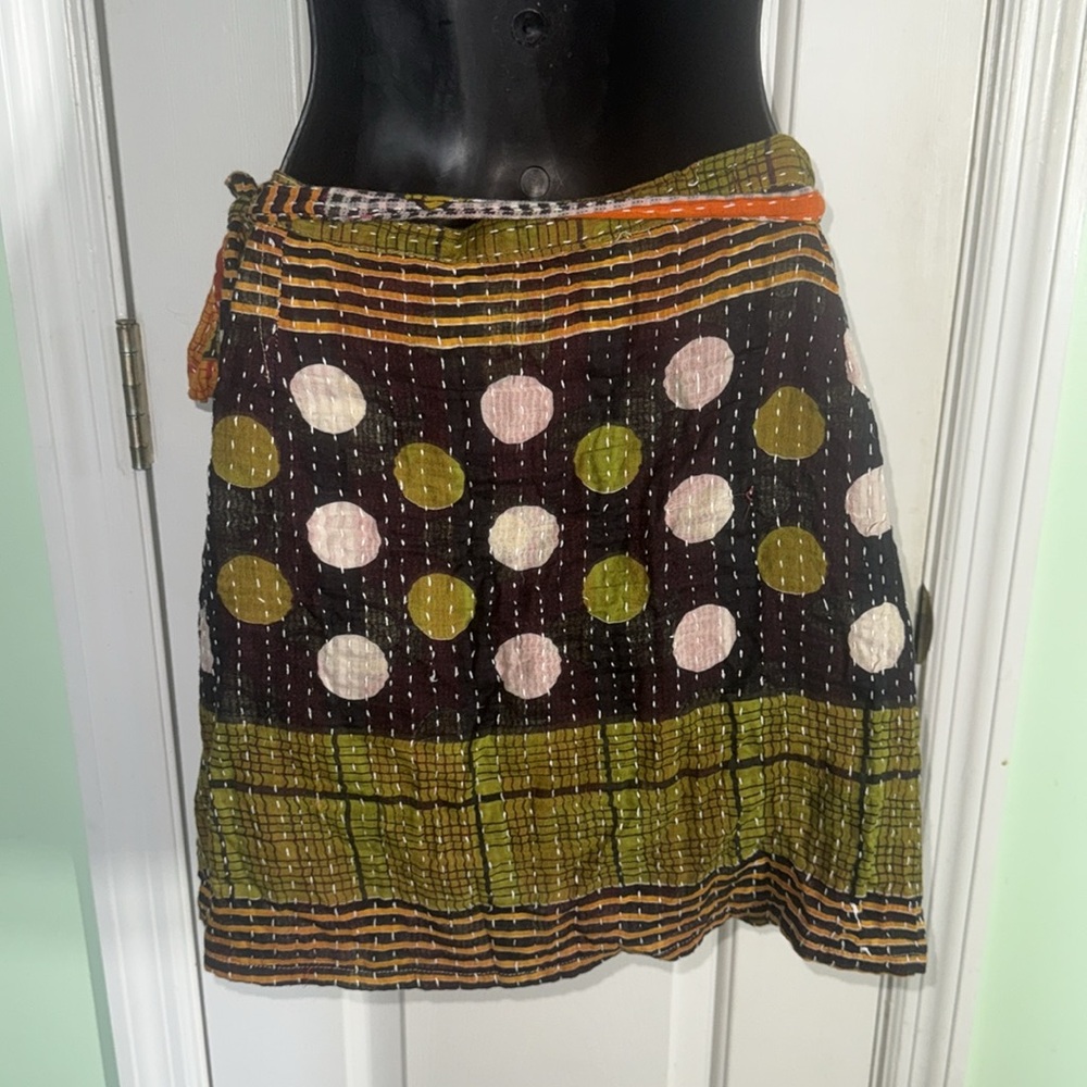 Renew Vintage Bohemian Patchwork Kantha Cotton Wrap Mini Skirt Size Medium - Picture 7 of 11